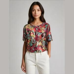 LuLaRoe Womens Top Size S Irma Teal Peach Yellow Brown Orange Paisley Floral NEW